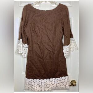 Woman JACK ROGERS brown White Linen Lace 3/4 Sleeve Dress Sz 4 EUC